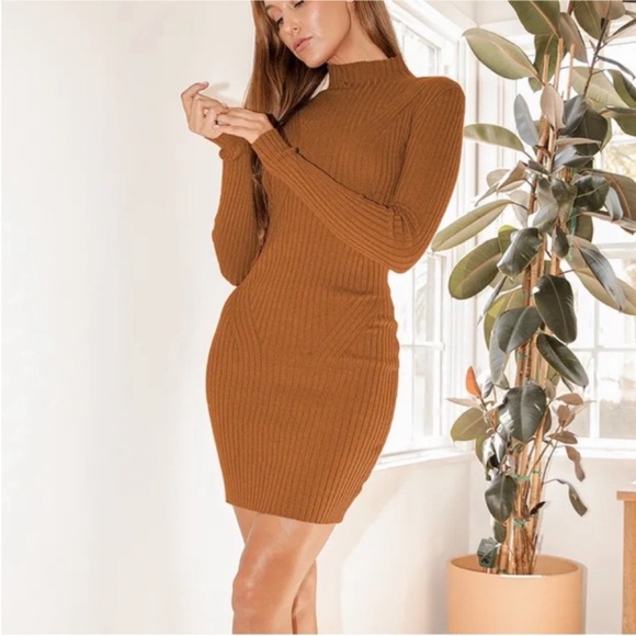 Rust Ribbed Knit Sweater Dress lulus - Picture 2 of 6